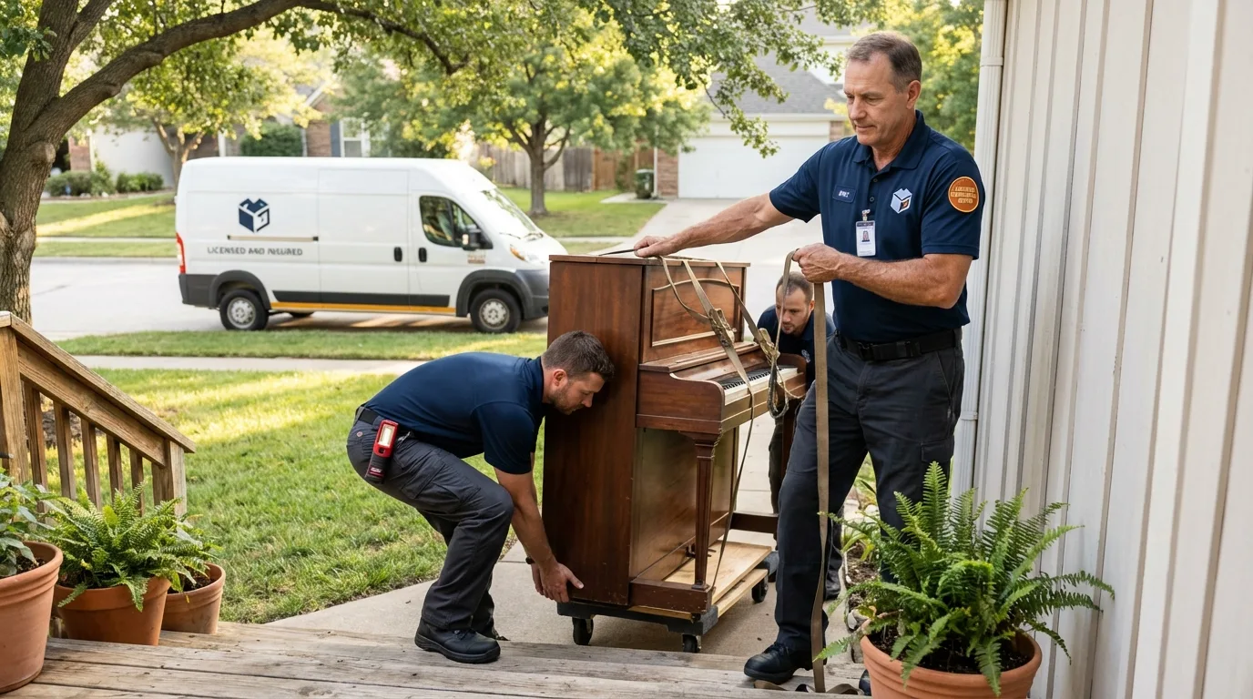 Licensed piano movers securing grand piano in Clifton, AZ