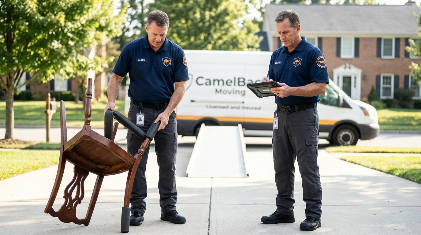 Movers inspecting furniture for damage prevention before loading in Clifton, AZ